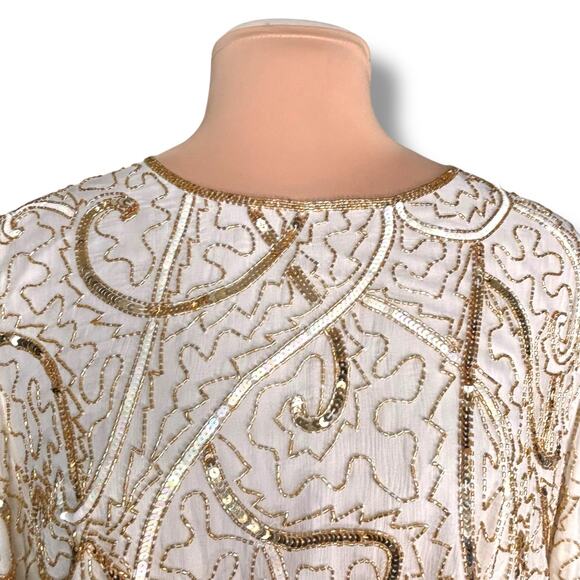 Vintage 90s Beaded Silk Top Metallic Sequin Gold White Evening Blouse Plus Size - Picture 3 of 13